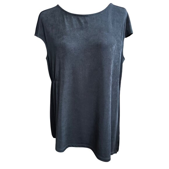 Chico's Shirt Size 2 P NWT Travelers Black Acetate Top Rushing PT Short Sleeve - Picture 1 of 16